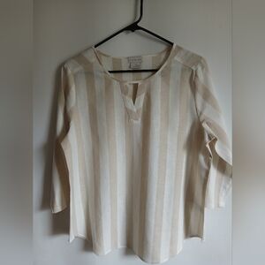 Van Heusen Beige and White Striped Blouse Linen & Cotton SzM 3/4 Length Sleeve